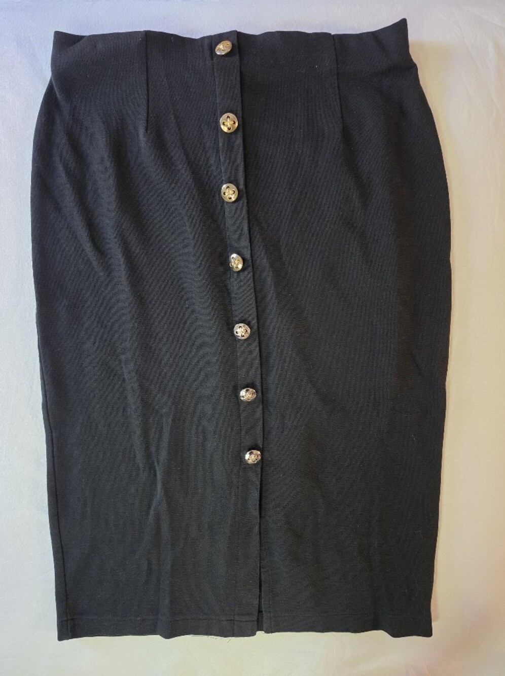 Vintage Casual Corner Black Knit Midi Pencil Skirt Gold Crest Buttons L